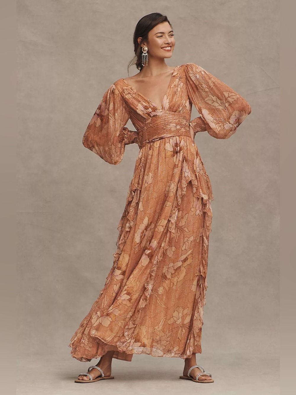 BHLDN V-Neck Long-Sleeve Printed Chiffon Gown